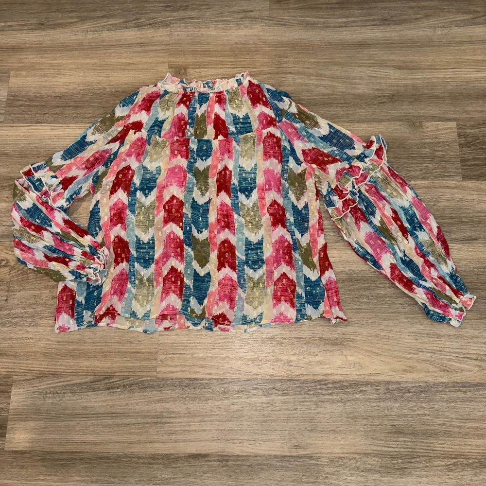 Oliphant XS Metallic Lurex Ruffle Balloon Sleeve Blouse Tuckernuck Boho Ikat